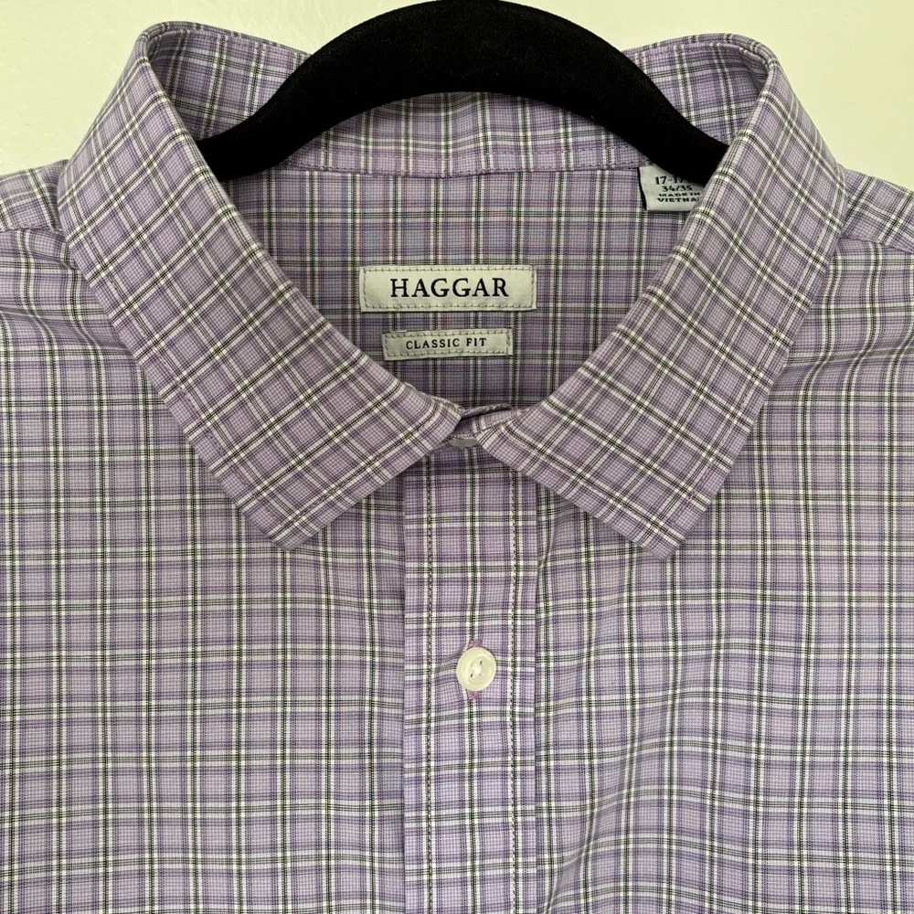 Haggar • Men's Classic Fit Lavender Plaid Button Down Shirt - Wrinkle Resistant - Picture 4 of 12